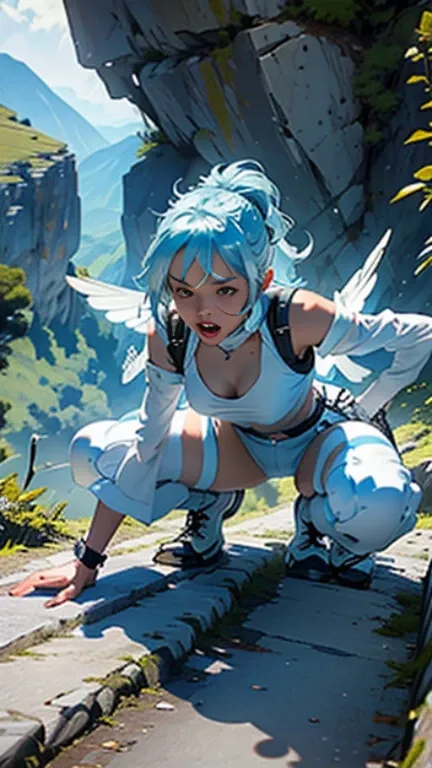 A woman on the ground on her hands and knees screaming, she has scaled pastel light blue Dousan wings coming out of her back, the settings on the mountains