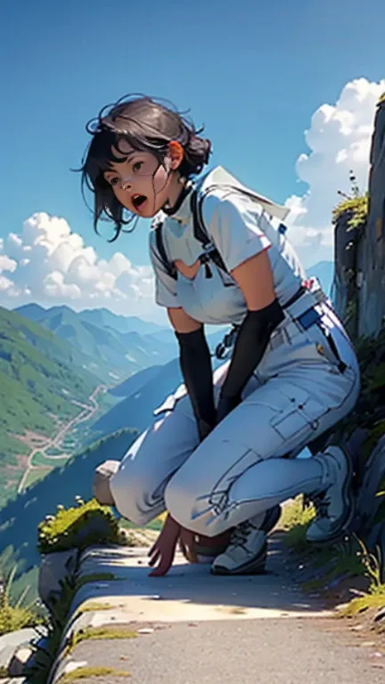 A woman on the ground on her hands and knees screaming, she has scaled pastel light blue Dousan wings coming out of her back, the settings on the mountains