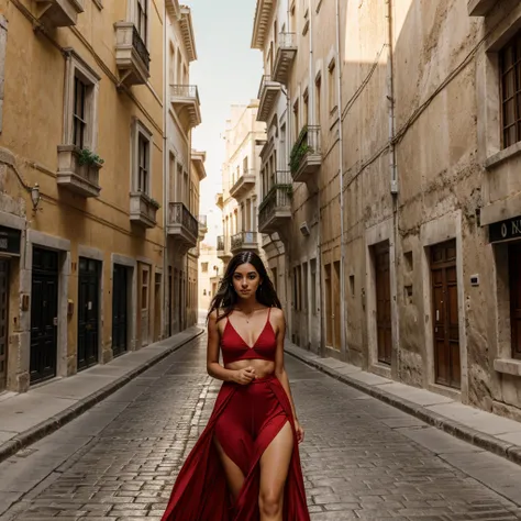 flat-camera, woman in red dress and white panties walking down the street in matera, buttocks, legs apart, camel toe