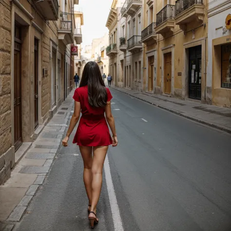 flat-camera, woman in red dress and white panties walking down the street in matera, buttocks, legs apart, camel toe