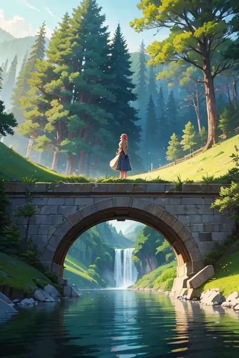 A woman standing on a forest bridge in an animated scene, anime rural scenery, beautiful animated scenes, beautifully animated scenery, animated scenes, anime landscapes, anime background art, peaceful scenes in anime, world of Polomiya in anime, todays re...