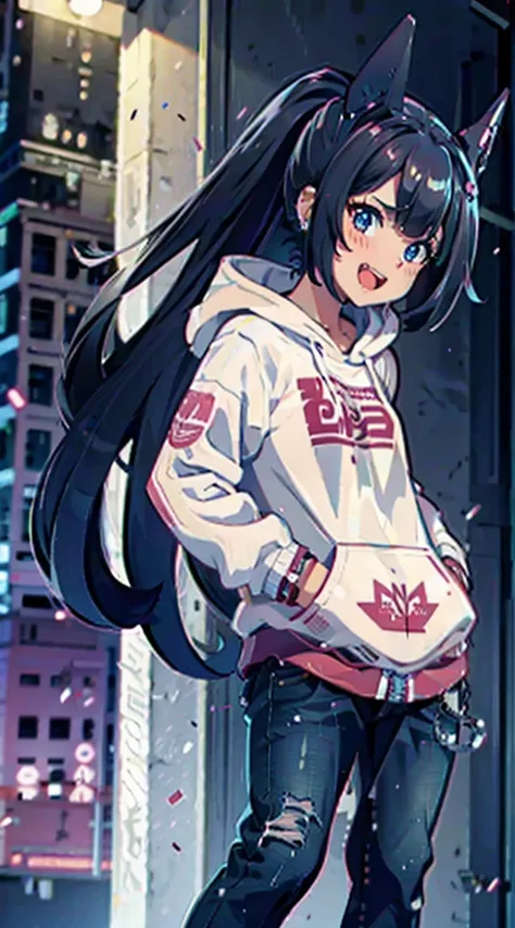 Female brat,Cute face,very long Twin tail,cute large eyes,Hoodie,jeans,nightcity,Laughing,Open mouth,masutepiece,Ultra Detail,ultra-quality,super precision,8K,No extra arms,no extra hands,No extra fingers,No extra legs,left hand in pocket,