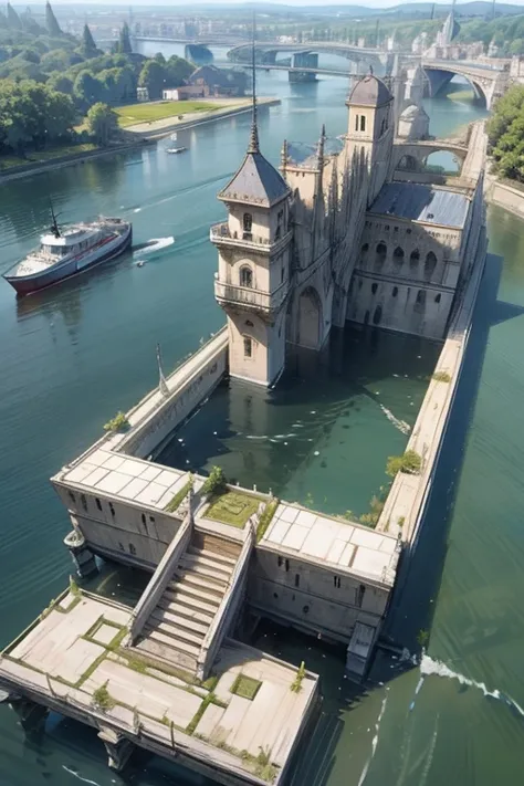 a large body of water with a boat in it, by Giorgio Cavallon, les nabis, wall wood fortress, helipad, port, maze