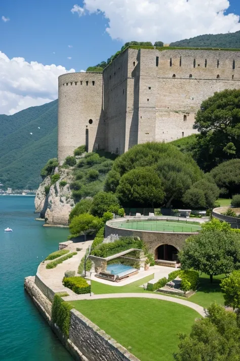 a large body of water with a boat in it, by Giorgio Cavallon, les nabis, wall wood fortress, helipad, port, maze