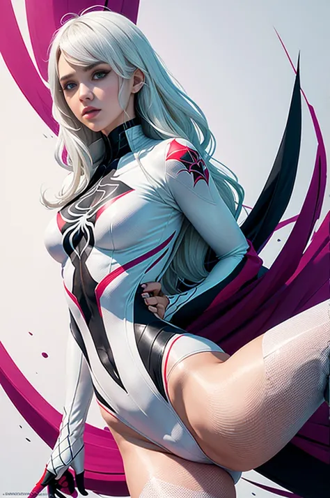 spider gwen, Hot, partial , hightquality, Dynamic Poses, Beautiful, Gorgeous, In love, White hair, Short suit, spider in a suit, white black red suit、Jessica Alba