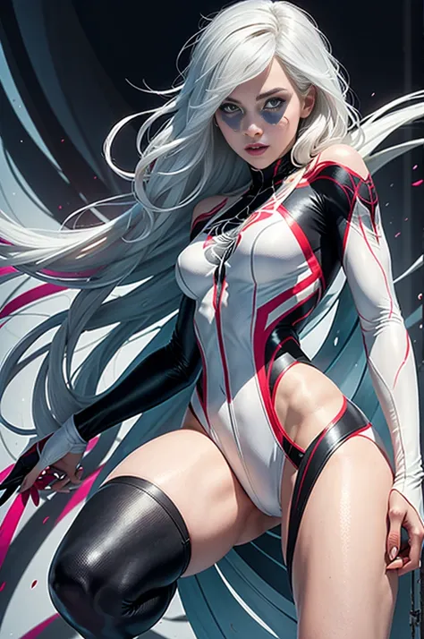 spider gwen, Hot, partial , hightquality, Dynamic Poses, Beautiful, Gorgeous, In love, White hair, Short suit, spider in a suit, white black red suit、Daniel Panabaker