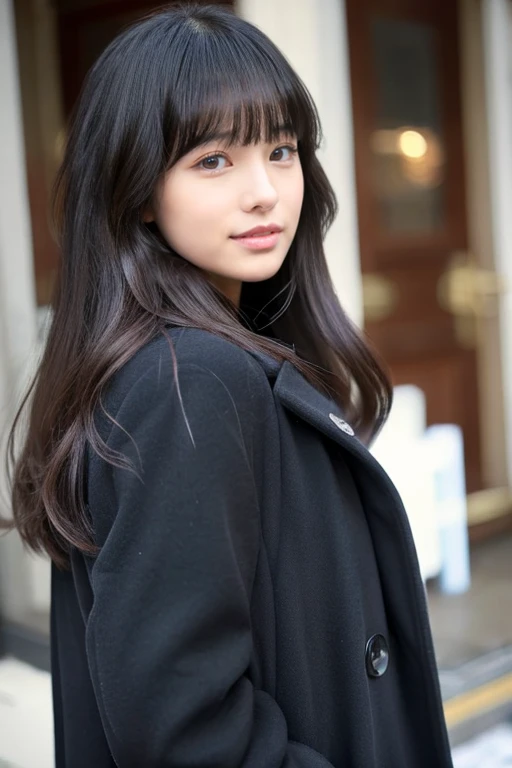 wearing a down coat、a beauty girl、13years、Long black hair、With bangs、