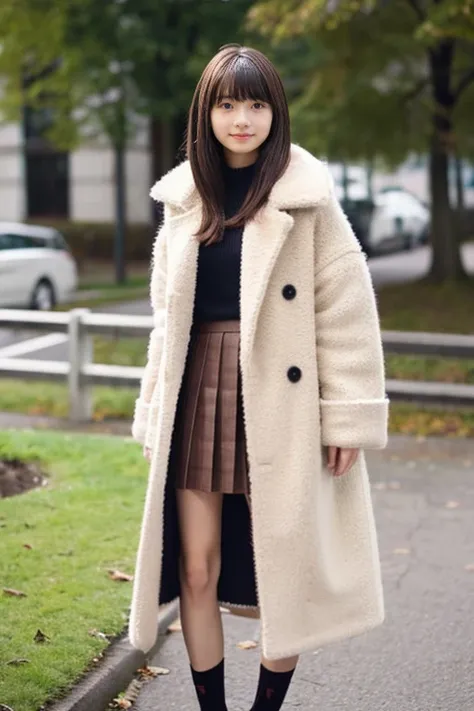 Beautiful girl wearing a down coat、15yo student、With bangs、Knitted skirt、