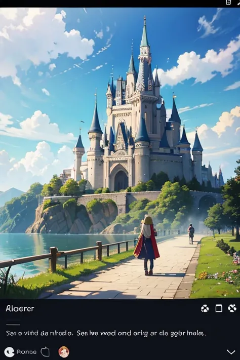 people walking in a garden,anime style,small town in the background,ruins in the background,an anime recommended today,city center background,Boromir in the anime world,some houses in the background,small town background,city outskirts,screenshot from an a...