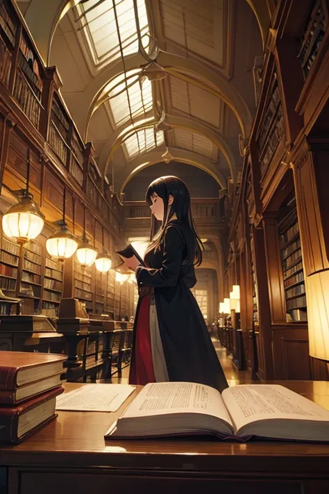 A woman holding a book and a lantern in an animated scene in a library, library background, alchemist library background, backdrop with library aisles, dusty library, standing inside a magical library, gloomy library, interior of a library, magical library...