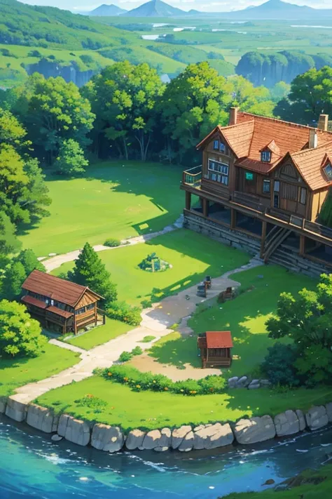 There is a small house on the island，There is a bridge, cozy bistro, Rune Factory 5 art style, rune factory 5, anime scene, tavern background, Anime landscape concept art, anime jade camping, Epic spacious courtyard, Downtown background, outerspace, Yu Ruy...