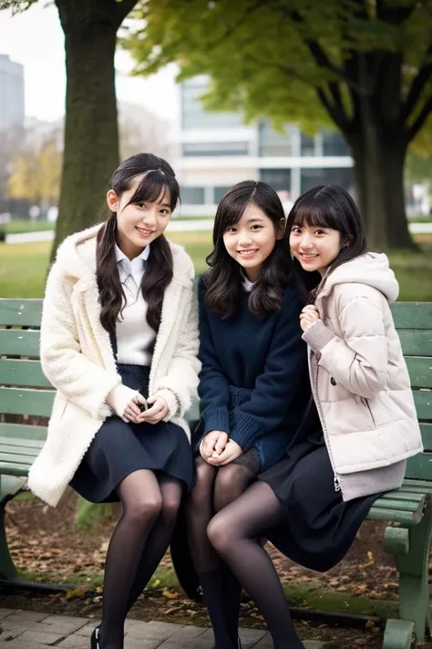 Three beautiful girls wearing down jackets、15yo student、Knitted skirt、knit tights、Sit on a park bench、