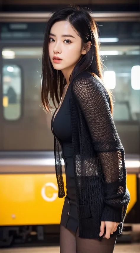 （Crowded trains：1.3）, （, ,cosmetatiful detailed eyes,s delicate face:1.3），（blackminiskirt，Black slim fit pantyhose：1.3）,（Long hair，dark red lips） 40k, photore, tmasterpiece, Best quality at best, dark grey background, (of gorgeous women), Hourglass-shaped,...