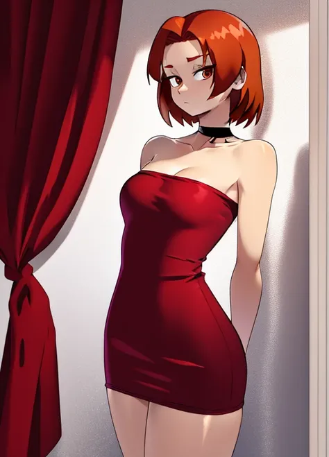 girl, standing, red_strapless_dress, chocker, large_breasts, red_hair, short_hair, shiny_skin, arms_behind_back, solo, simple_background, looking_at_viewer,
from_front, straight_on,