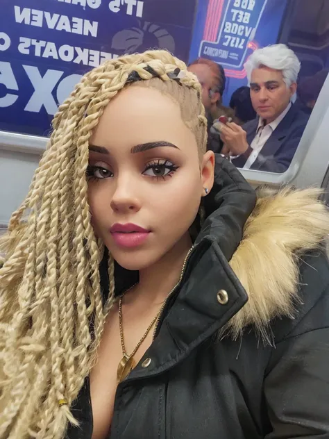 A beautiful latin women with braids sitting on the train