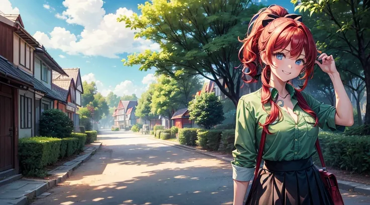 1girl, full body, solo, village, trees, sun, clouds, ((colorful hair)), long hair, curly hair, ponytail, large breasts, button down shirt, ((green shirt)), ((unbuttoned shirt)), blue eyes, ((short sleeved shirt)), ((red and black skirt)), grin, looking at ...