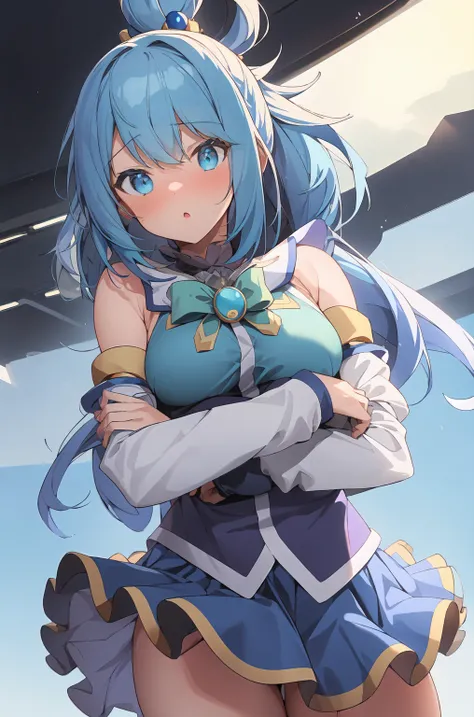 masterpiece, best quality, ultra-detailed, epic lighting, cinematic composition, anime coloring, 2d, anime, 1girl, solo, medium breasts, hair ornament, hair ringlue shirt:1.1), green bow, detached sleeves, bare shoulders, blue skirt, looking at viewer, :o,...