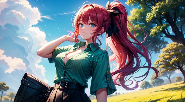 1girl, full body, solo, village, trees, sun, clouds, ((colorful hair)), ponytail, large breasts, button down shirt, ((green shirt)), ((unbuttoned shirt)), blue eyes, ((short sleeved shirt)), ((black skirt)), grin, looking at the viewer, ((standng)), hair r...