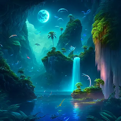 an enchanting fantasy jungle under a moonlit sky, massive floating islands covered in lush vegetation, cascading waterfalls, and...