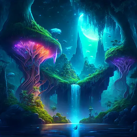 an enchanting fantasy jungle under a moonlit sky, massive floating islands covered in lush vegetation, cascading waterfalls, and...