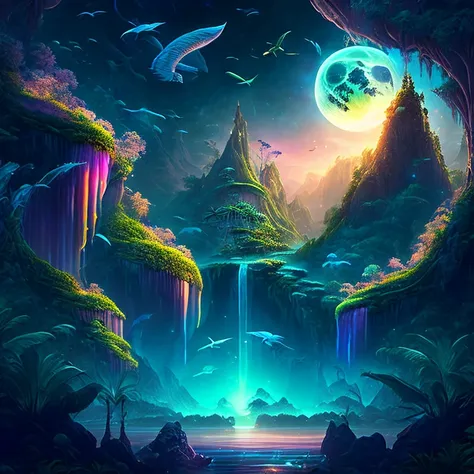 an enchanting fantasy jungle under a moonlit sky, massive floating islands covered in lush vegetation, cascading waterfalls, and...