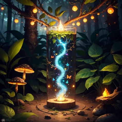 Fantasy in a glass, "ethereal roses, beautiful girls, cute slime animals, glowing little mushrooms surrounded by delicate leaves and branches, and fireflies and glowing particle effects", (natural elements), (jungle theme), (leaves), (branches), (fireflies...