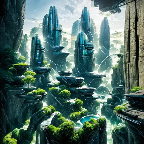 Airbrush drawing --v 5.1 style Futuristic design of an awesome sunny day environment concept art on a futuristic terrain with huge waterfalls,streams, mangroves,nature architecture, proportional,detailed,bright clouds, nature meets futuristic architecture ...