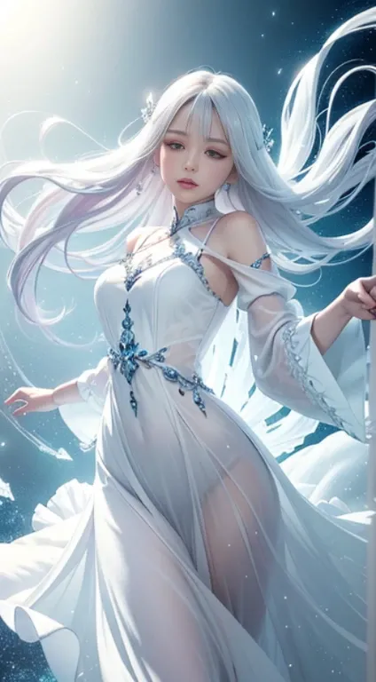 (Masterpiece, Top Quality, Best, Official Art, Beautiful and Aesthetic, Long Exposure: 1.2), Smooth Movement, Charming Patterns, 1 Girl, (Long Dress with Sleeves: 1.3), (((White Clothes) )), upper body close-up, bare shoulders, Chinese girl, blush, black l...