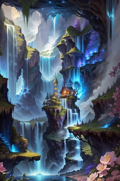 a painting of a waterfall with a waterfall in the middle, detailed fantasy digital art, magic fantasy highly detailed, highly detailed fantasy art, beautiful detailed fantasy, magical environment, magical background, magical landscape, intricate fantasy pa...