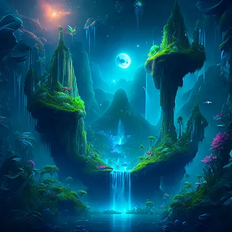 an enchanting fantasy jungle under a moonlit sky, massive floating islands covered in lush vegetation, cascading waterfalls, and...