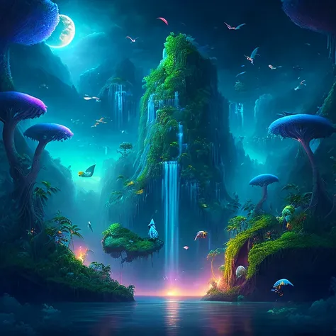 an enchanting fantasy jungle under a moonlit sky, massive floating islands covered in lush vegetation, cascading waterfalls, and...