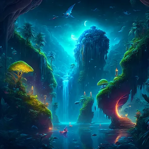 an enchanting fantasy jungle under a moonlit sky, massive floating islands covered in lush vegetation, cascading waterfalls, and...