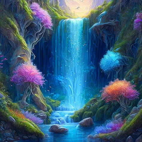 a painting of a waterfall with a waterfall in the middle, detailed fantasy digital art, magic fantasy highly detailed, highly de...