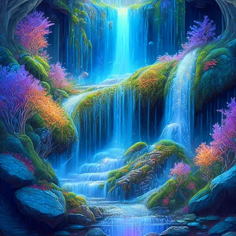 a painting of a waterfall with a waterfall in the middle, detailed fantasy digital art, magic fantasy highly detailed, highly de...