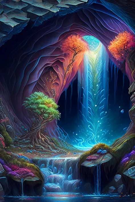 a painting of a cave with a waterfall in the middle, detailed fantasy digital art, magic fantasy highly detailed, highly detaile...