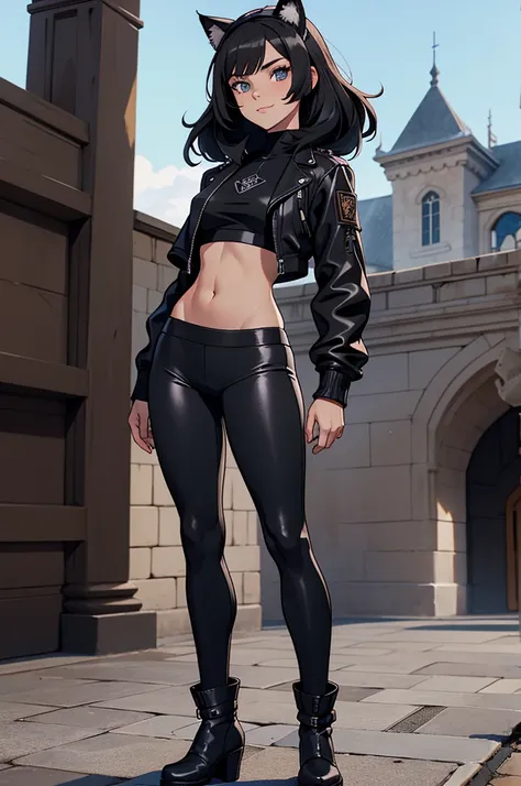 beautiful young female warrior fighter with cat ears on her head, com rosto bem detalhado e bonito, belos olhos, belos olhos, rosto lindo, beautiful young woman wearing long black leggings with black details, mini saia curta, usando jaqueta de couro preta,...