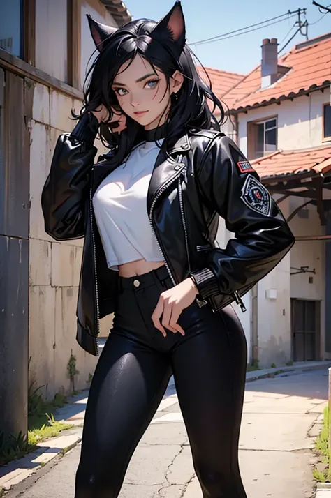 beautiful young female warrior fighter with cat ears on her head, com rosto bem detalhado e bonito, belos olhos, belos olhos, rosto lindo, beautiful young woman wearing long black leggings with black details, mini saia curta, usando jaqueta de couro preta,...