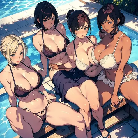 multiple thick body females and one male character onsen, all females wearing short skirt panties exposed, all females wearing lace pattern bra and panties, sitting by the pool side by side, spread their legs open at viewer, (spread her legs) show panties ...