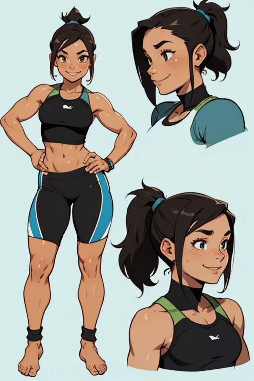 Character reference sheet of a beautiful smiling freckled brunette barefoot woman in short black sportsgear, short messy ponytail.