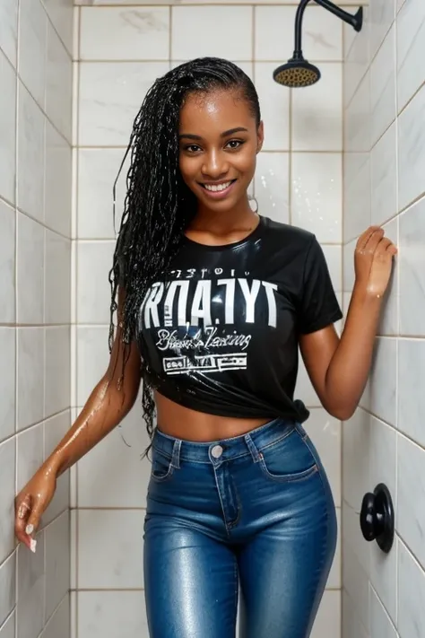 Two beautiful 25 years old black women standing under running shower, wet clothes, soaked, t-shirt and skinny jeans, wet skin, wet hair, slicked back hair, daylight, soaked in oil, dripping oil, dripping water, running water, high resolution, best quality,...