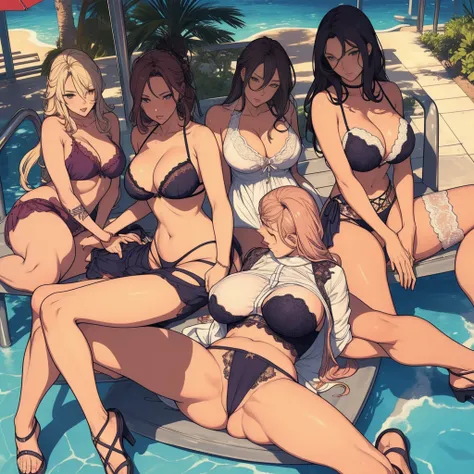 multiple thick body females at the pool daytime, all females wearing long open slit dress, partially panties exposed underneath dress, all females wearing different style lace pattern bra and panties underneath dress, some females lounging on long lounge c...