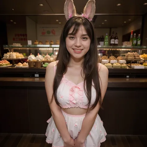 Full body photo of a pretty young 1girl, laughing, big cheeks, very long hair,  black hair, side-swept bangs, side fring hair, pink bunny ears, cute outfit, lace details, floral accessories, rabbit girl, Full body , best quality, realistic, 8k,