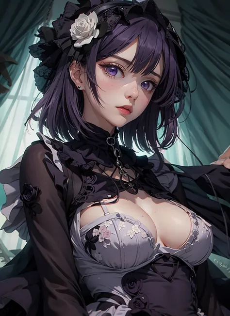 (((Young White Woman))), ((Best Quality)), ((Masterpiece)), (Detail: 1.4), MarinLora, blush, short hair, black hair, hair ornament, thighhighs, long sleeves, dress, purple eyes, purple hair, flower, pantyhose, hairband, frills, hair flower, wide sleeves, a...