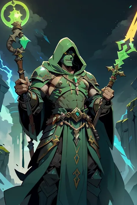 A green orc shaman.
He is a priest of the strorms god an use thunder.
He wear an heavy armor.
wearing an hood on the head.
holding only a great staff