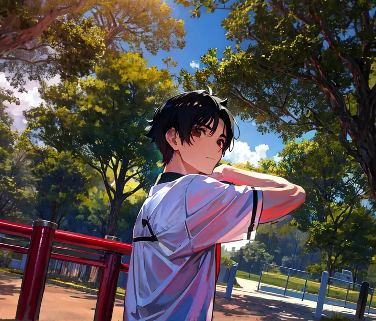 boy leaning on a red metal bar in a park, loli, en un parque, lindo chico emo, peruvian boy looking, boy has short black hair, 1...