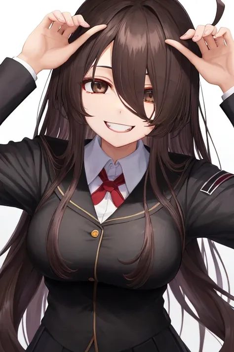 hair over eyes, dark brown hair, black eyes, ahoge, long hair, medium breasts, white school uniform, evil smile, blood on face, blood on clothes, hands over