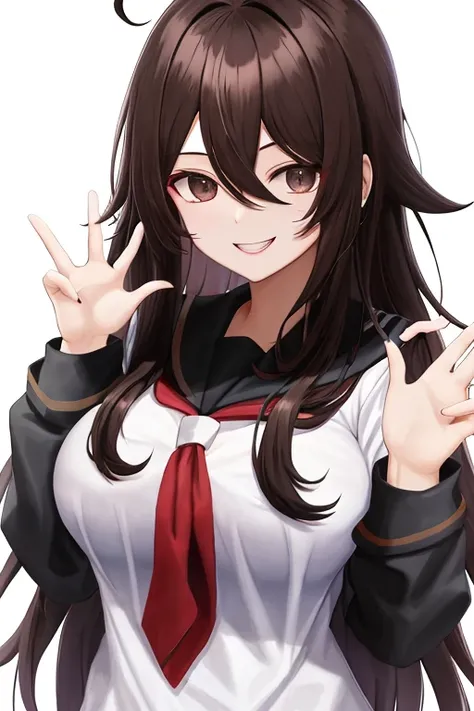 hair over eyes, dark brown hair, black eyes, ahoge, long hair, medium breasts, ((white school uniform)), evil smile, blood on face, blood on clothes, hands over