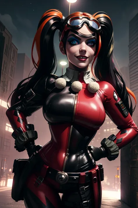 Harley, multicolored hair, makeup, twintails,, light smile,  standing, upper body, close up, 
QJustice, goggles on head, belt, pants, black gloves, corset, holster, open cropped jacket, navel, 
nighttime, Gotham city,  cityscape,  
(insanely detailed, beau...