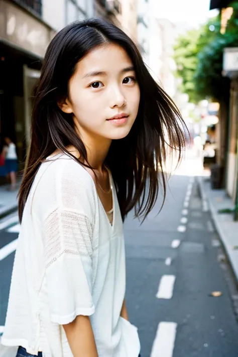 Beautiful girl wearing summer knit、terraces、14years、