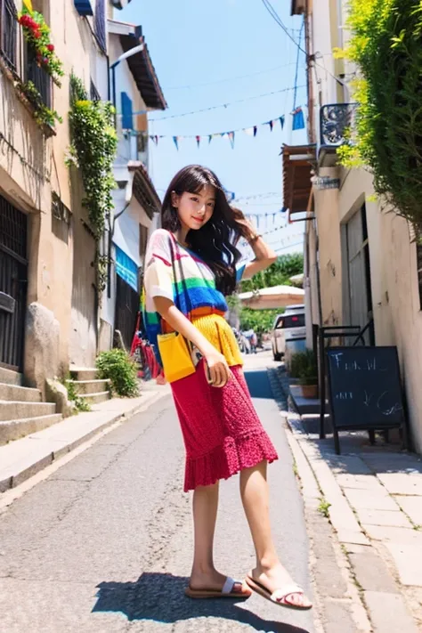 Beautiful girl wearing a colored summer knit、terraces、17 age、Spinning、